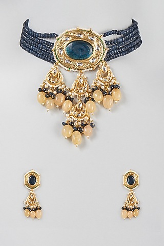 Gold Finish Blue Beaded Choker Necklace Set by Zarconn