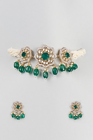 Two Tone Finish Necklace Set With Green Drops by Zarconn