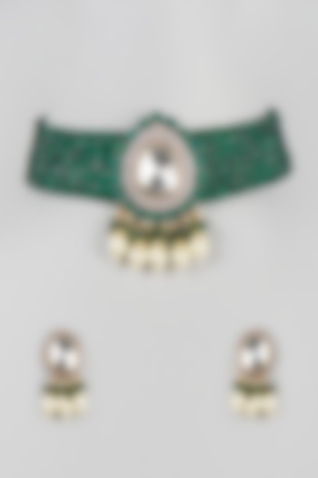 White Finish Green Beaded Choker Necklace Set by Zarconn