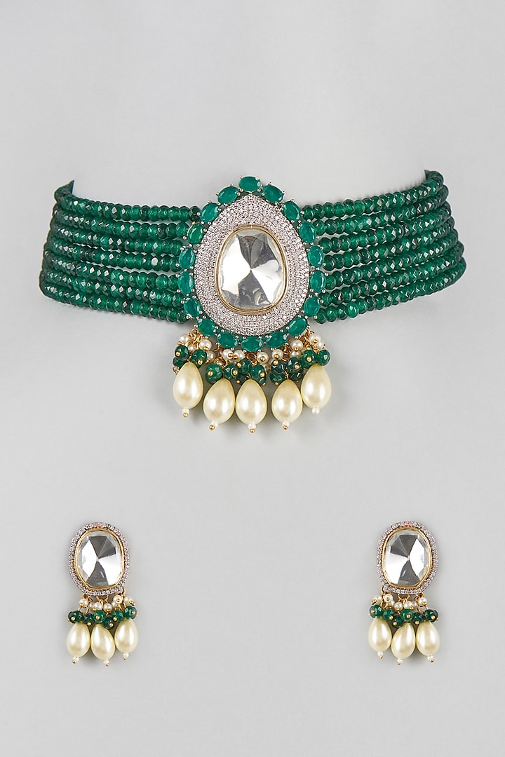 White Finish Green Beaded Choker Necklace Set by Zarconn