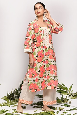Fluorescent Pink Screen Printed Kurta Set by Zumaira The Label