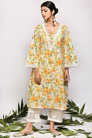 Bright Yellow Floral Printed Kurta Set by Zumaira The Label