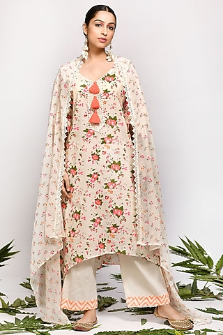 Cream Pure Cotton Screen Printed Kurta Set by Zumaira The Label