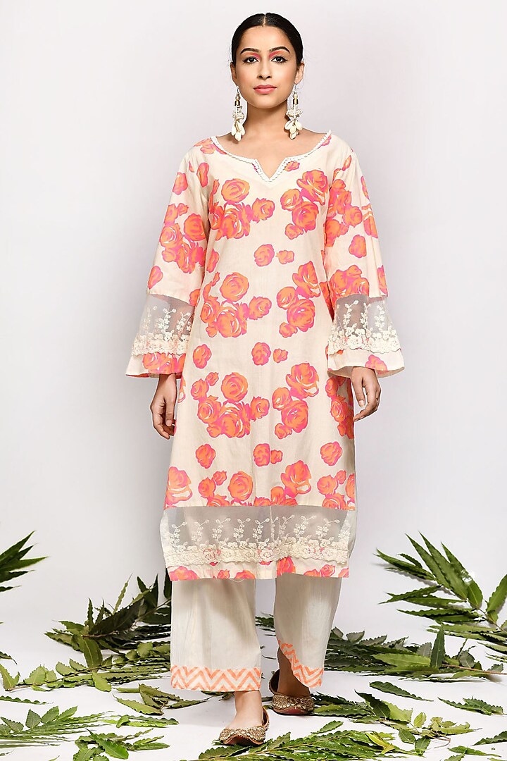 White Floral Screen Printed Kurta Set by Zumaira The Label