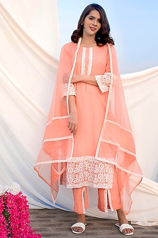 Peach Cotton Kurta Set by Zumaira The Label