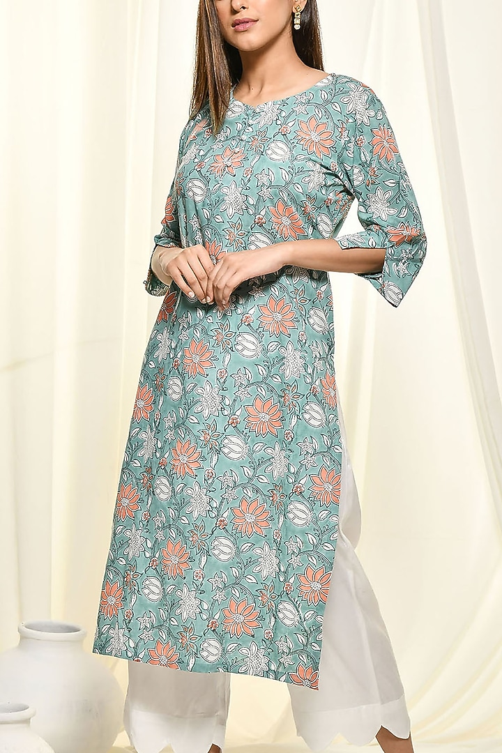 Teal Green Printed Kurta Set by Zumaira The Label at Pernia's Pop Up Shop