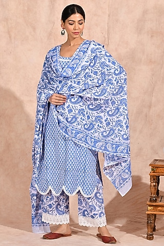 Blue Printed Kurta Set by Zumaira The Label