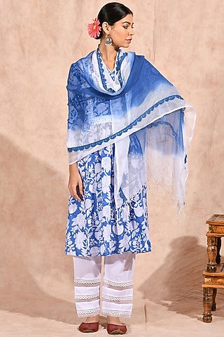 Blue Block Printed Kurta Set by Zumaira The Label