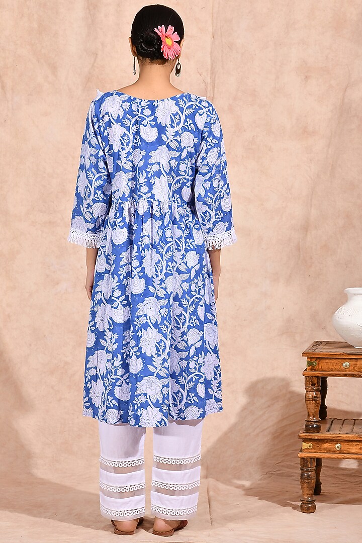 Blue Block Printed Kurta Set by Zumaira The Label at Pernia's Pop Up Shop