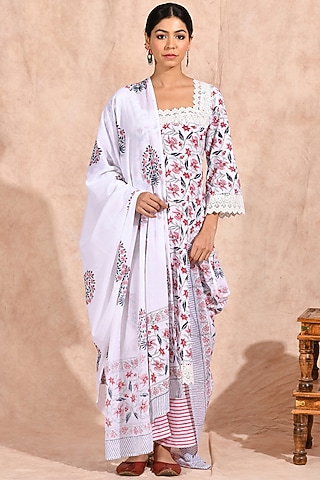 White Cotton Printed Kurta Set by Zumaira The Label