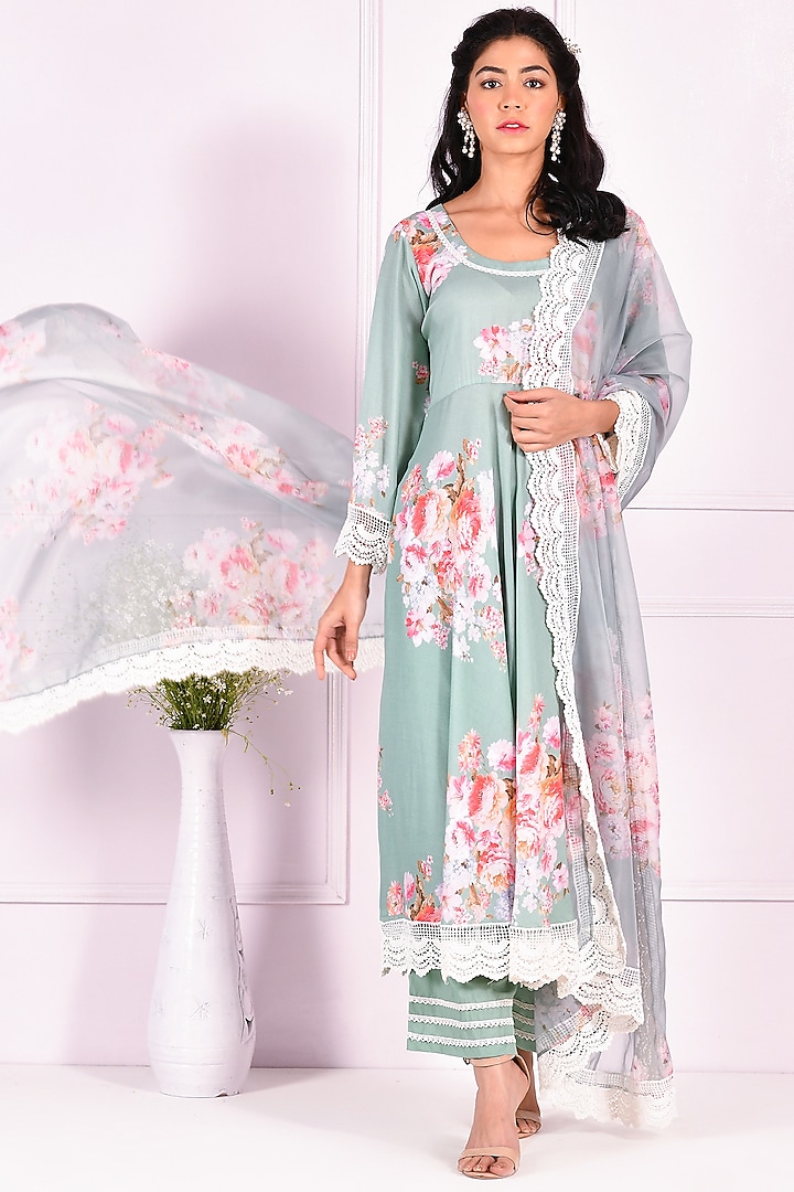 Sage Green Digital Print Anarkali Set by Zumaira The Label at Pernia's Pop Up Shop