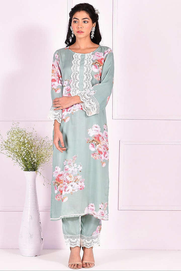 Sage Green Modal Floral Digital Printed Co-Ord Set by Zumaira The Label at Pernia's Pop Up Shop