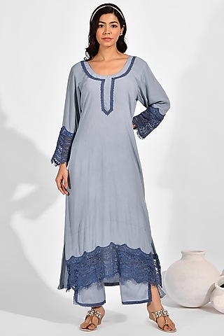 Grey Cotton Crepe Kurta Set by Zumaira The Label