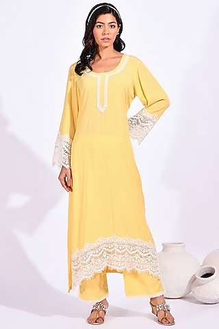 Yellow Cotton Crepe Kurta Set by Zumaira The Label