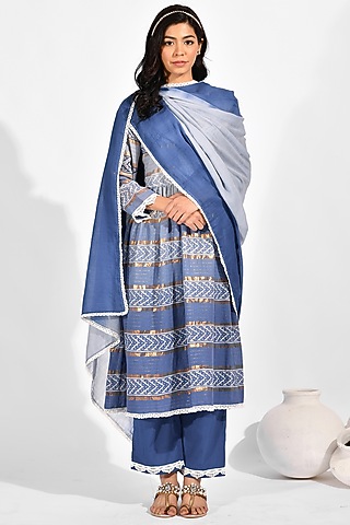 Blue Printed Anarkali Set by Zumaira The Label