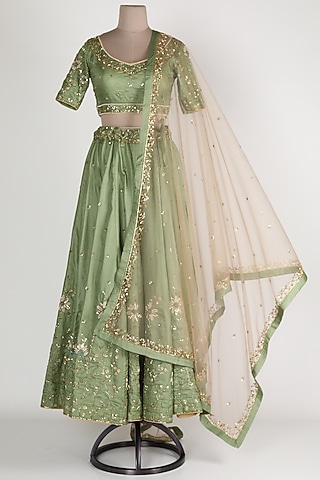 Olive Green Embroidered Lehenga Set by Zuri