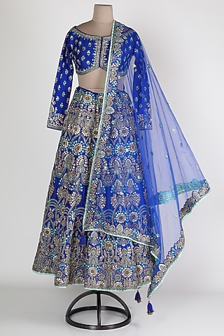 Cobalt Blue Embroidered Lehenga Set by Zuri