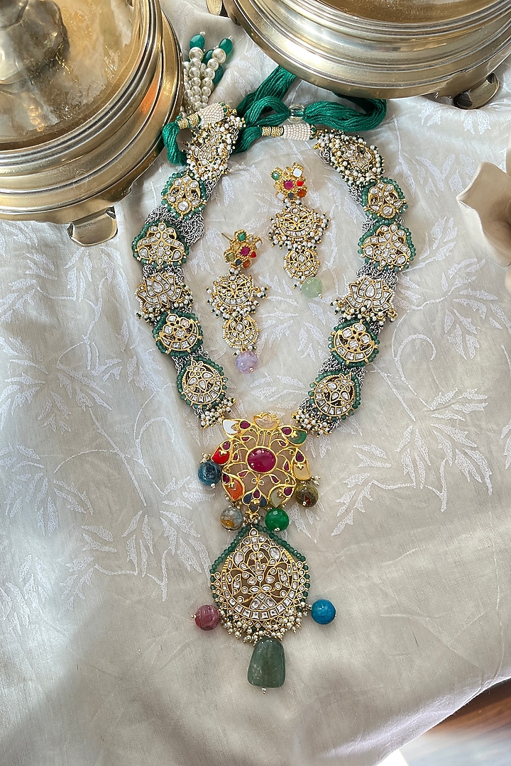 Gold Plated Green Jadau Kundan Polki Long Necklace Set by Zevar King at Pernia's Pop Up Shop