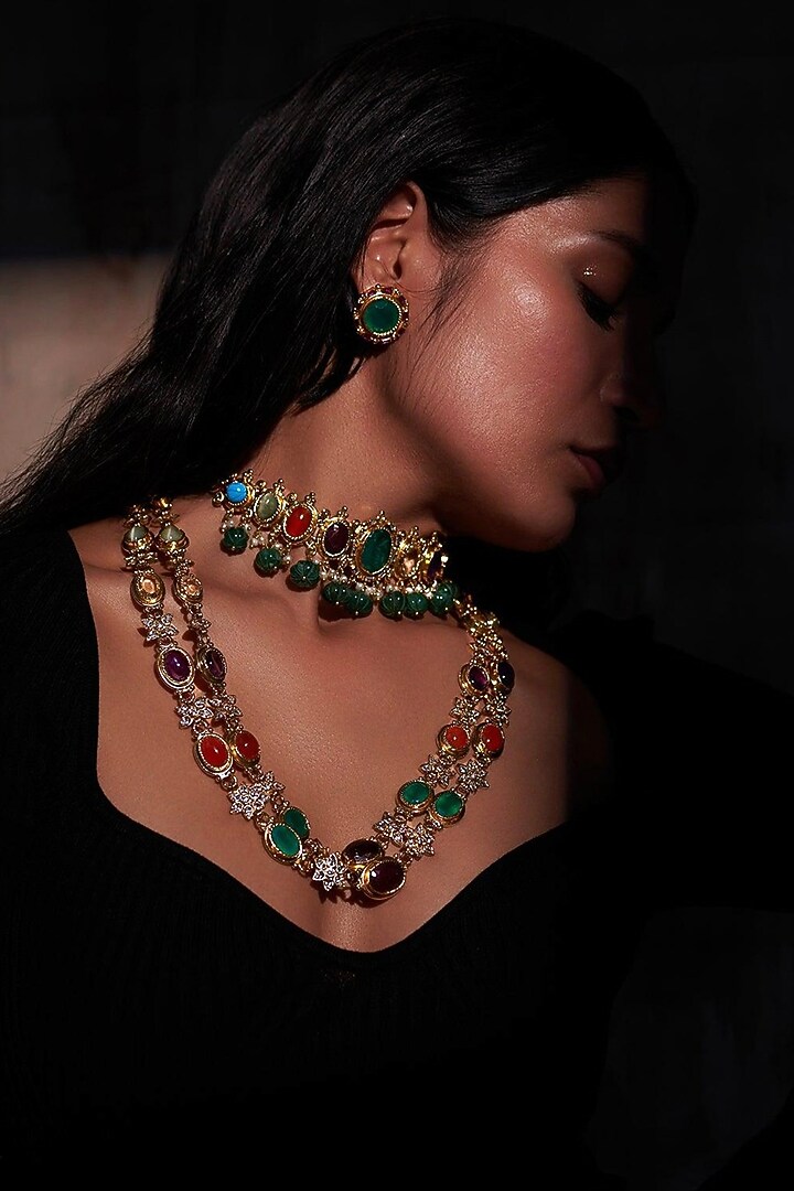 Gold Plated Jadau Kundan Polki & Multi-Colored Stone Long Necklace Set by Zevar King at Pernia's Pop Up Shop