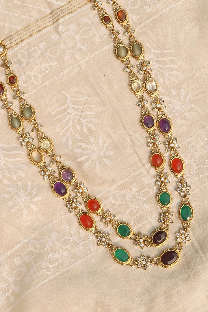 Gold Plated Jadau Kundan Polki & Multi-Colored Stone Long Necklace Set by Zevar King at Pernia's Pop Up Shop