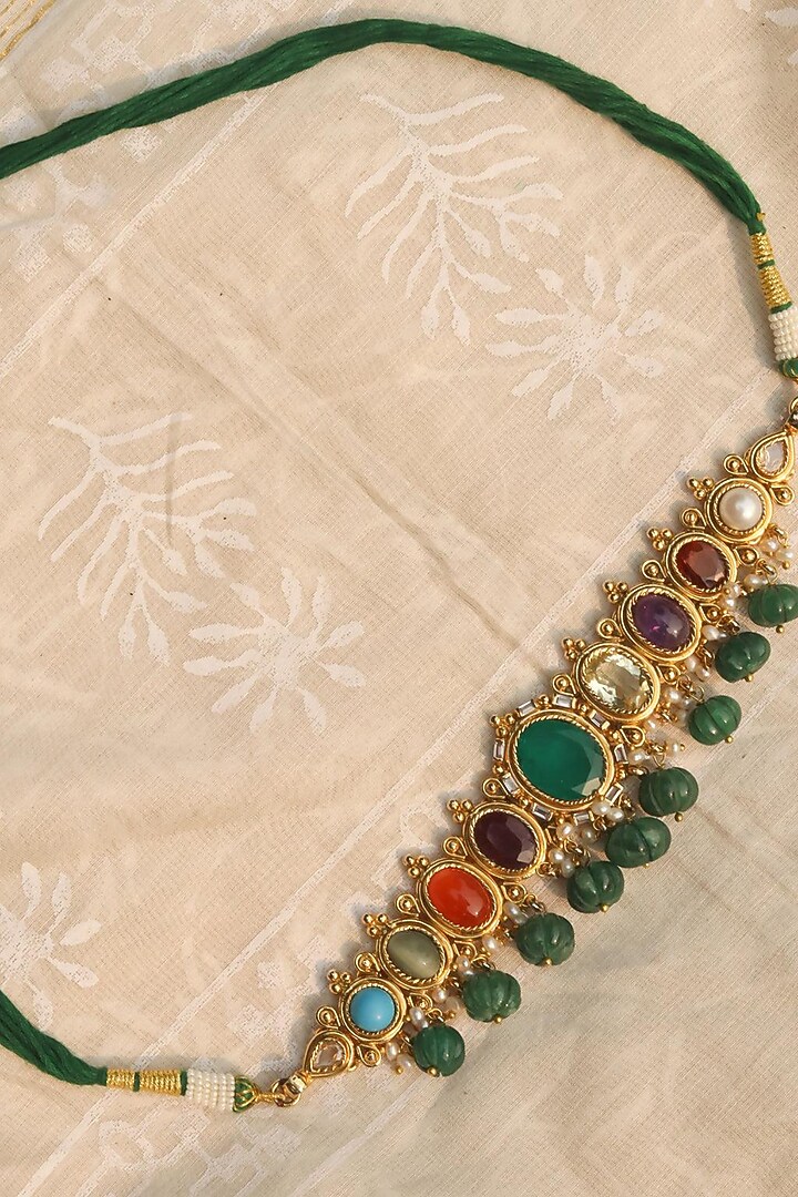 Gold Plated Multi-Colored Jadau Kundan Polki Choker Necklace Set by Zevar King at Pernia's Pop Up Shop
