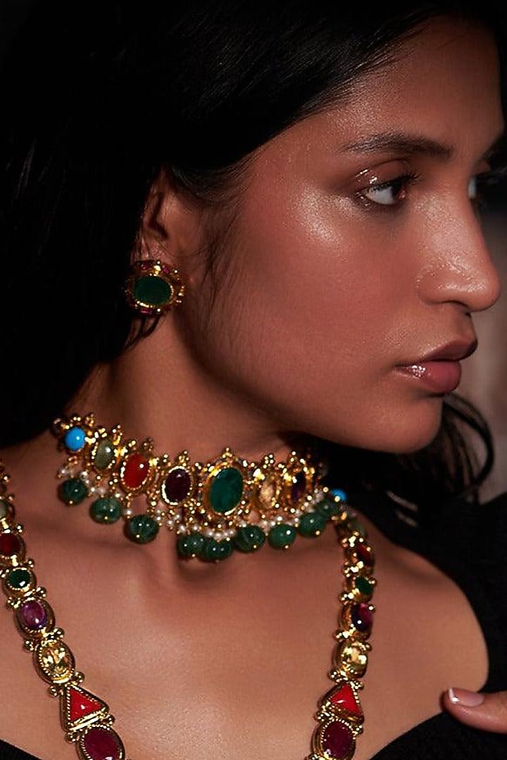 Gold Plated Multi-Colored Jadau Kundan Polki Choker Necklace Set by Zevar King at Pernia's Pop Up Shop