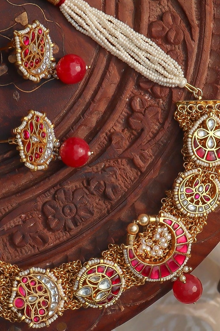 Gold Plated Red Jadau Kundan Polki Choker Necklace Set by Zevar King at Pernia's Pop Up Shop