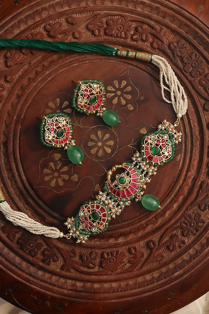 Gold Plated Jadau Kundan Polki Choker Necklace Set by Zevar King at Pernia's Pop Up Shop