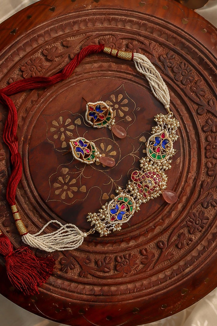Gold Plated Jadau Kundan Polki Choker Necklace Set by Zevar King at Pernia's Pop Up Shop