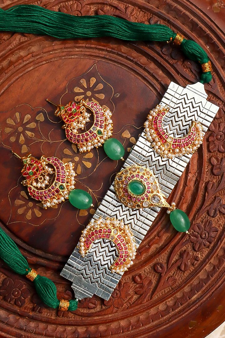 Gold Plated Jadau Kundan Polki & Green Stone Choker Necklace Set by Zevar King at Pernia's Pop Up Shop
