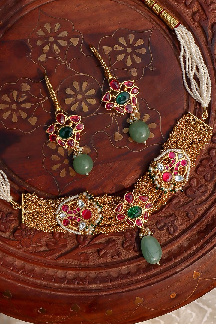 Gold Plated Jadau Kundan Polki Choker Necklace Set by Zevar King at Pernia's Pop Up Shop