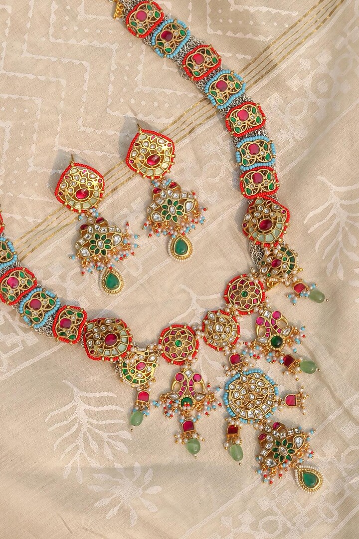 Gold Plated Multi-Colored Jadau Kundan Polki Long Necklace Set by Zevar King at Pernia's Pop Up Shop