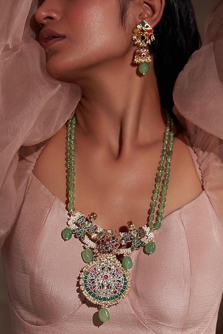 Gold Plated Jadau Kundan Polki Long Necklace Set by Zevar King at Pernia's Pop Up Shop