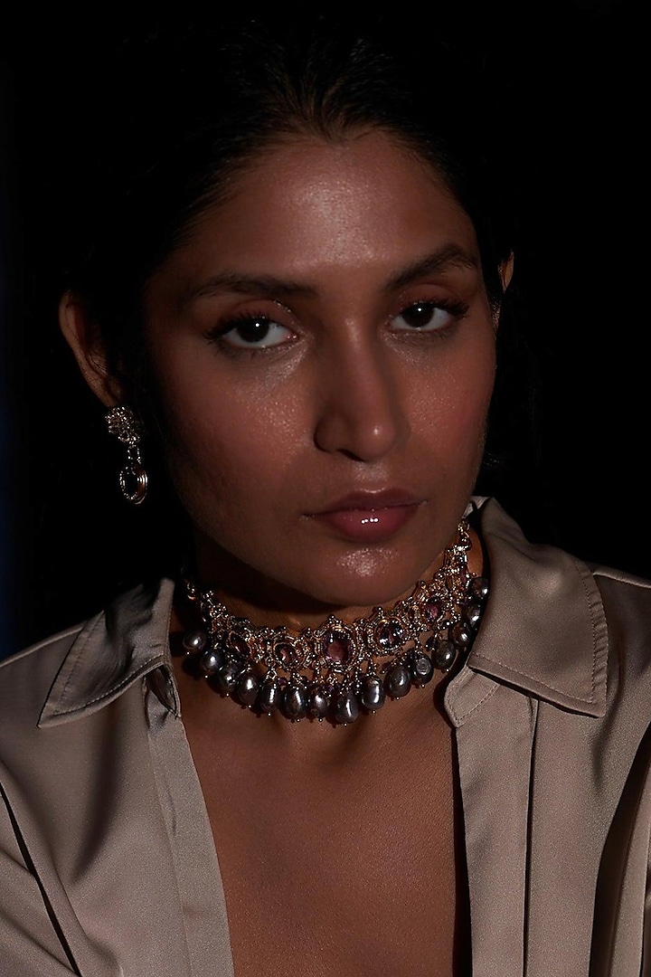 Gold Plated Jadau Kundan Polki Choker Necklace Set by Zevar King at Pernia's Pop Up Shop