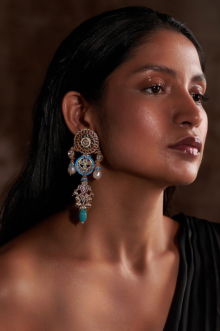 Gold Plated Jadau Kundan Polki Dangler Earrings by Zevar King at Pernia's Pop Up Shop