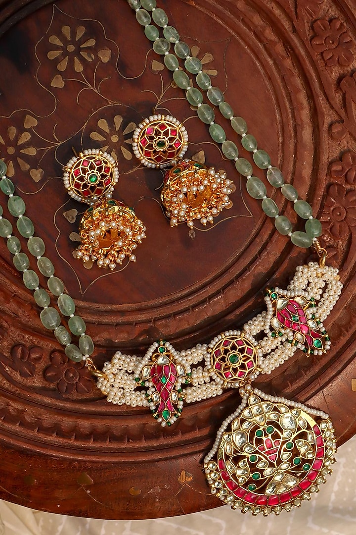 Gold Plated Jadau Kundan Polki Long Necklace Set by Zevar King