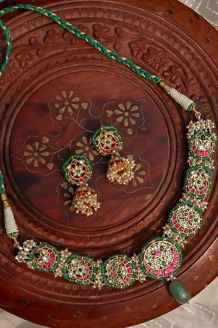 Gold Plated Jadau Kundan Polki Choker Necklace Set by Zevar King at Pernia's Pop Up Shop