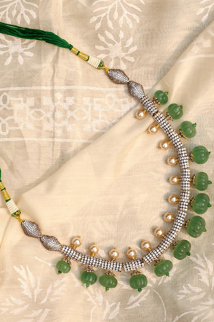 Gold Plated Jadau Kundan Polki & Green Stone Choker Necklace Set by Zevar King at Pernia's Pop Up Shop