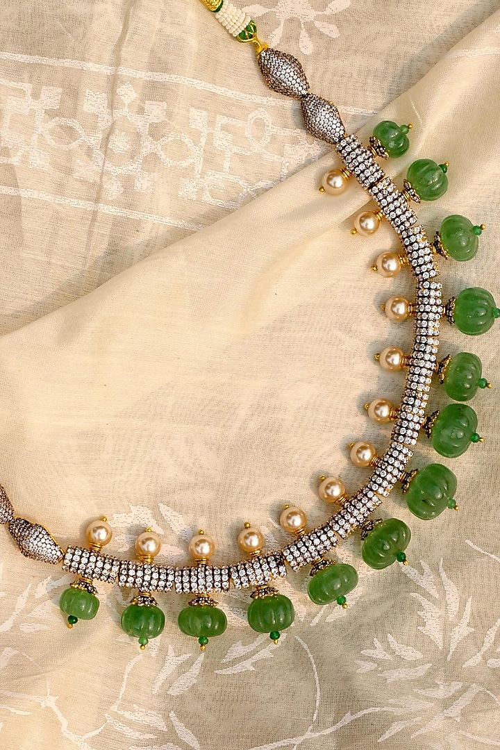 Gold Plated Jadau Kundan Polki & Green Stone Choker Necklace Set by Zevar King at Pernia's Pop Up Shop