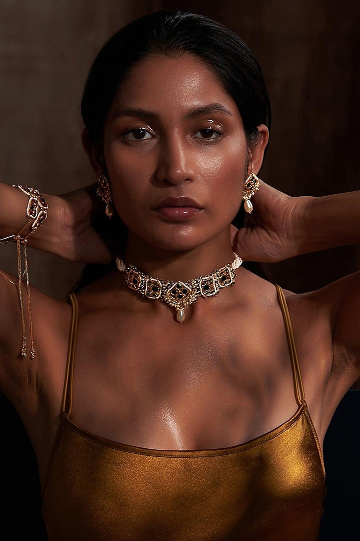 Gold Plated Jadau Kundan Polki Choker Necklace Set by Zevar King at Pernia's Pop Up Shop