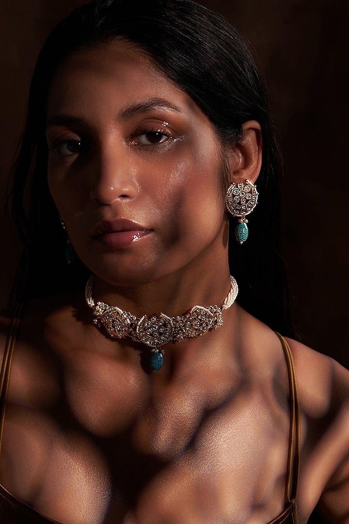 Gold Plated Jadau Kundan Polki Choker Necklace Set by Zevar King at Pernia's Pop Up Shop