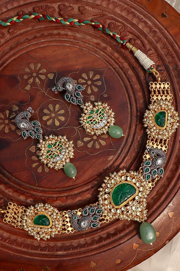 Gold Plated Jadau Kundan Polki Choker Necklace Set by Zevar King