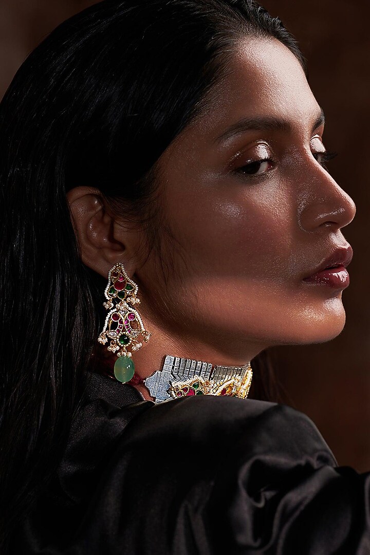 Gold Plated Multi-Colored Jadau Kundan Polki Choker Necklace Set by Zevar King at Pernia's Pop Up Shop