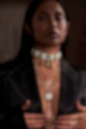 Gold Finish White Jadau Kundan Polki Long Necklace Set by Zevar King at Pernia's Pop Up Shop