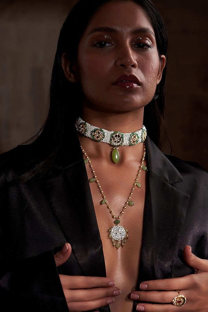 Gold Finish White Jadau Kundan Polki Long Necklace Set by Zevar King at Pernia's Pop Up Shop