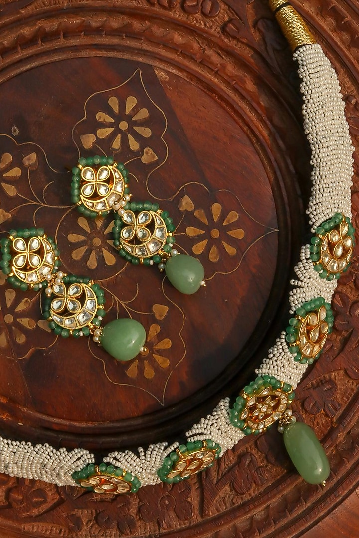 Gold Finish Green Jadau Kundan Polki Choker Necklace Set by Zevar King at Pernia's Pop Up Shop
