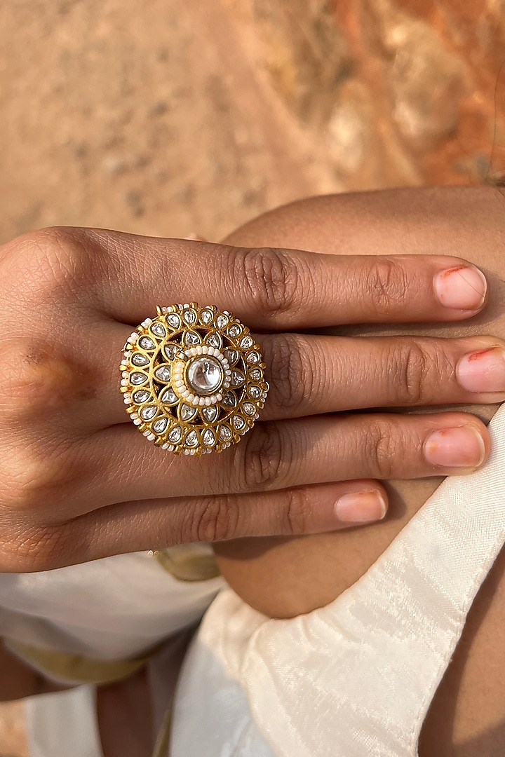 Gold Plated Jadau Kundan Handcrafted Ring by Zevar King at Pernia's Pop Up Shop