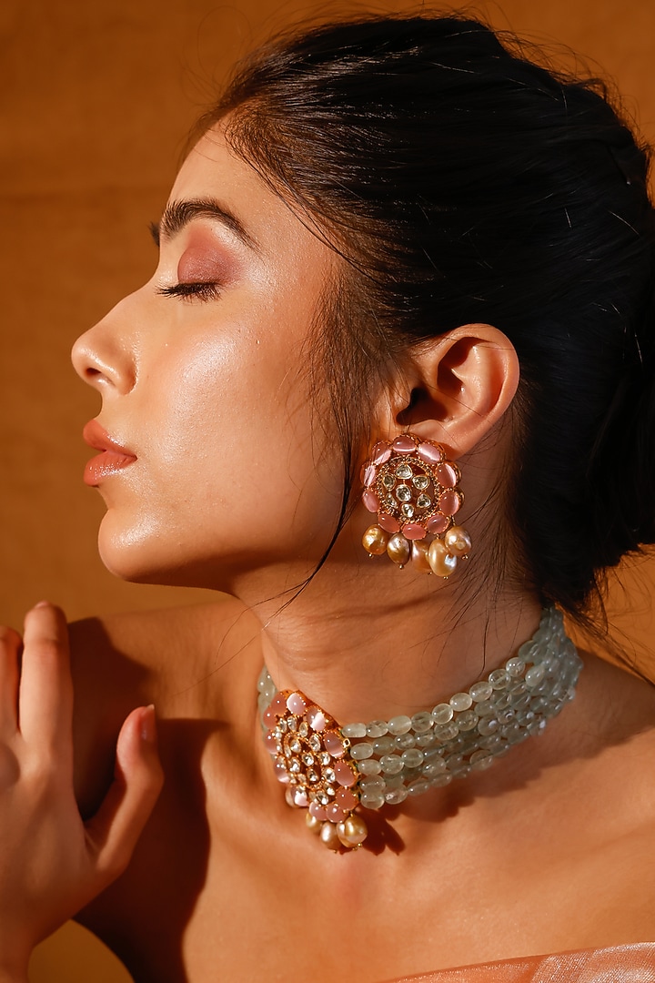 Gold Finish Kundan Polki Choker Necklace Set by Zevar King at Pernia's Pop Up Shop