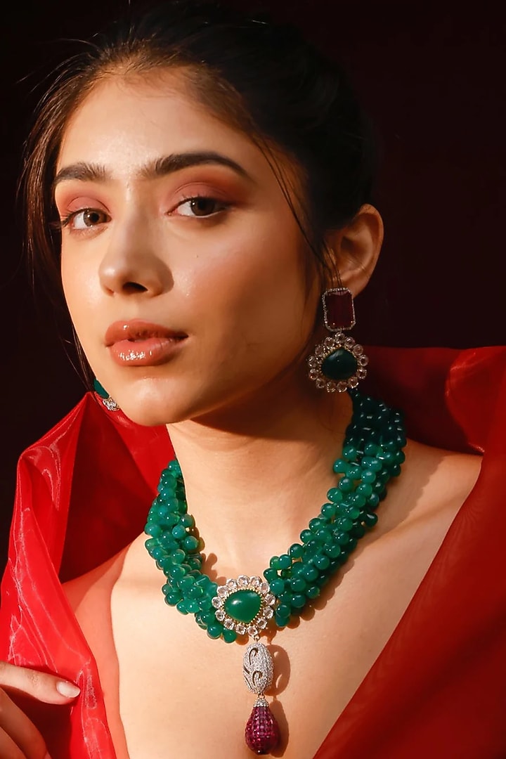 Gold Finish Kundan Polki & Green Stone Necklace Set by Zevar King at Pernia's Pop Up Shop