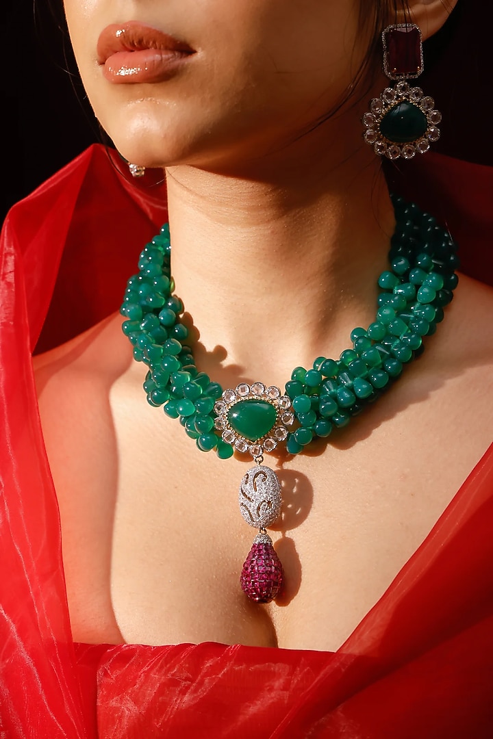 Gold Finish Kundan Polki & Green Stone Necklace Set by Zevar King at Pernia's Pop Up Shop